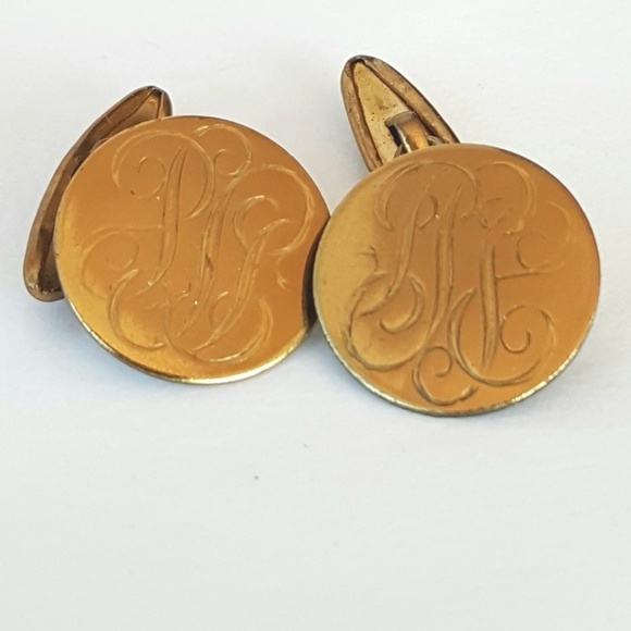 Vintage Cuff Links Small 1940s Round Monogram Brass Retro Unisex - Picture 2 of 5